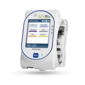 White infusion pump with a blue interface.